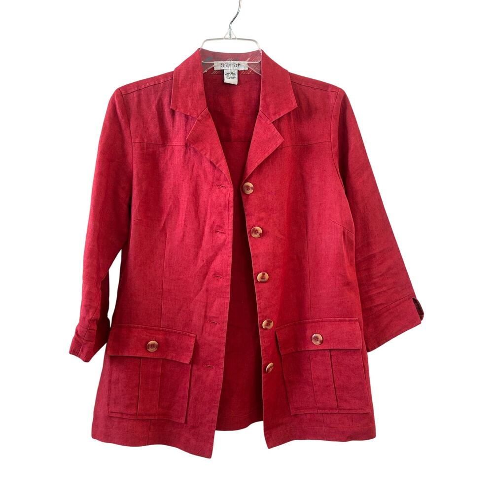 Paraphrase 100% Linen Red Safari Jacket Blazer Size 8 Utility Pockets